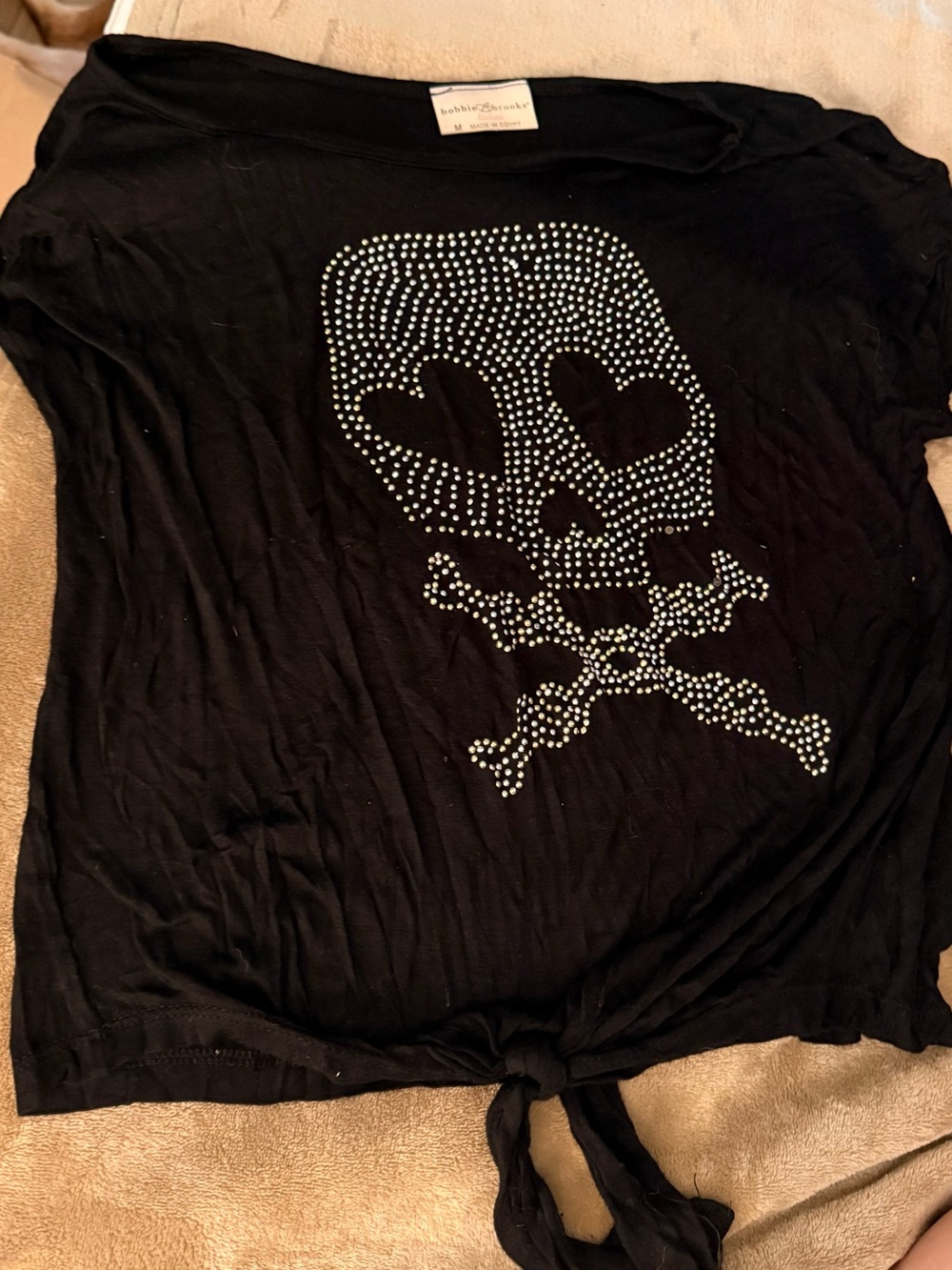 Bobbie Brooks Black Rhinestone Skull Tie-Hem Tee